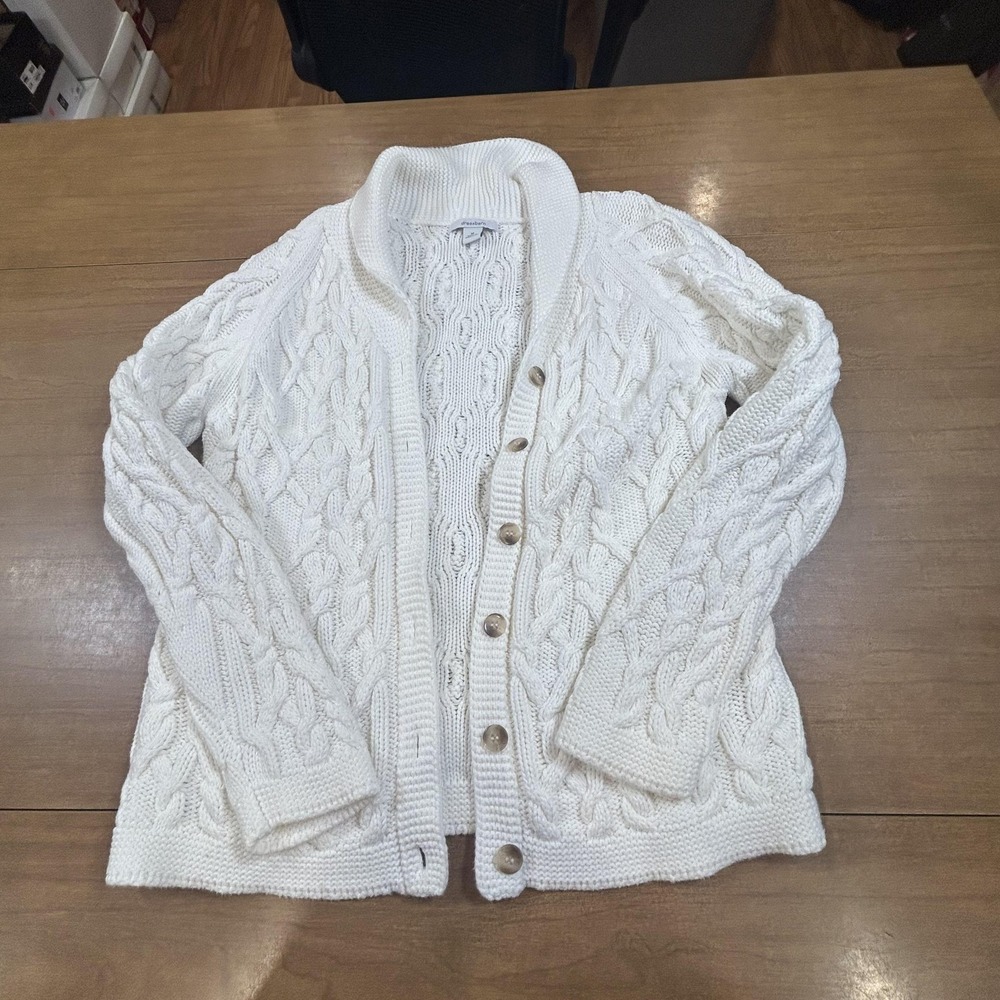 Dressbarn Cardigan Sweater Womens Medium White Cable Knit Button Front Fisherman
